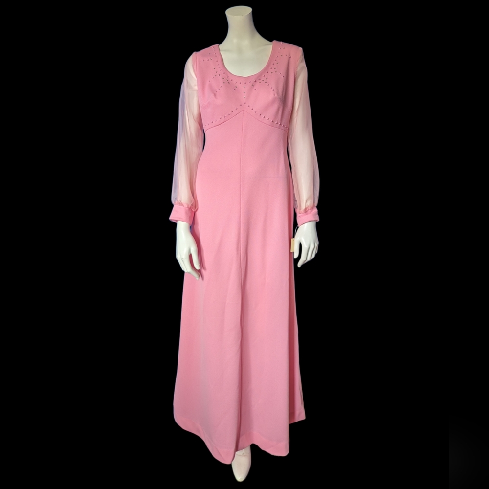 Vintage 1970s pink maxi dress with sheer long sleeves